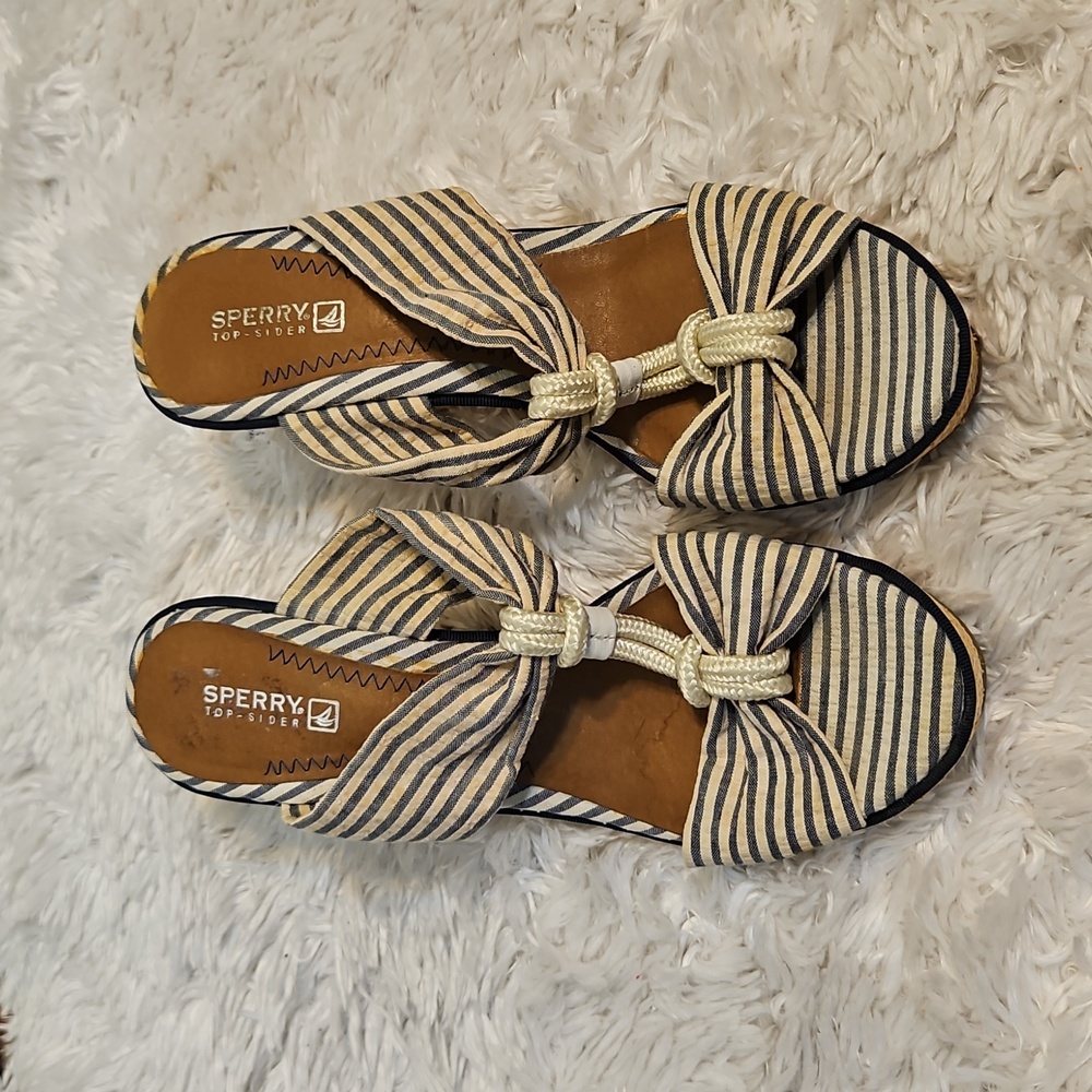 Sperry Top-Sider Espadrille Wedge Sandals Blue Striped Bow Accents‎ Nautical